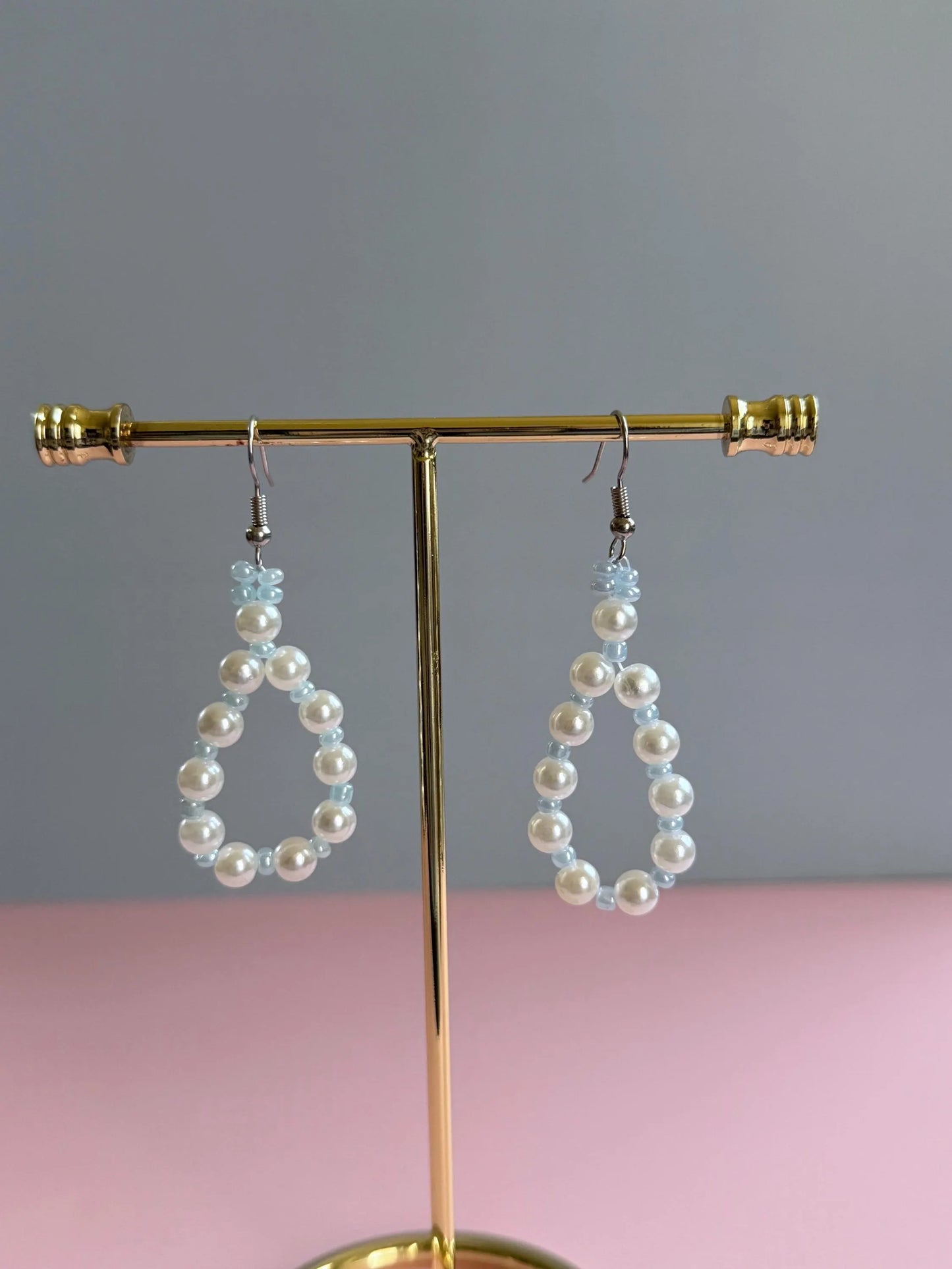 Blue and Pearl Jewelry Set | Handmade Loop Earrings & Matching Bracelet | Dainty Beaded Gift for Her |  Kawaii Aesthetic  Minimalist Jewelry