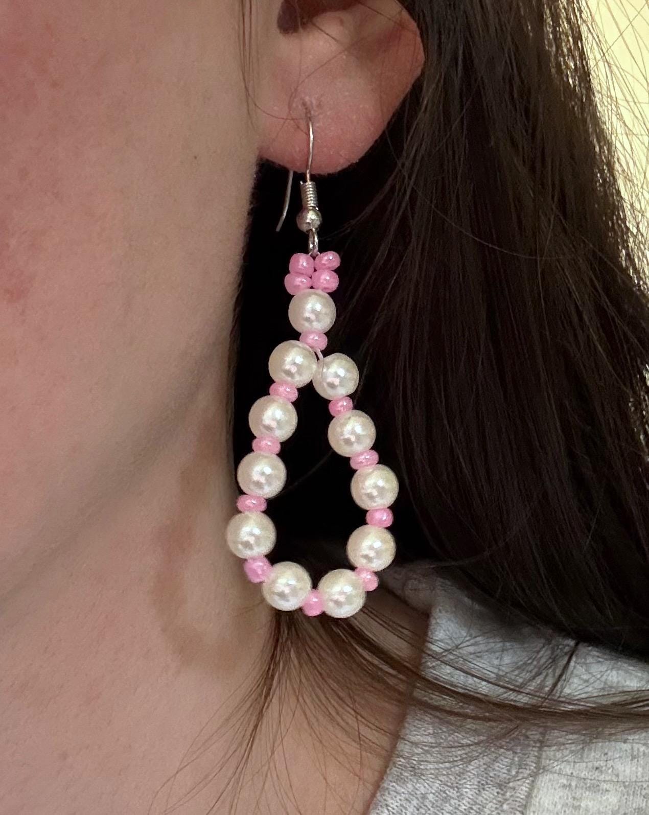 Pink and Pearl Jewelry Set | Handmade Beaded Loop Earrings & Matching Bracelet | Kawaii Gift for Her| Dainty Pastel Jewelry