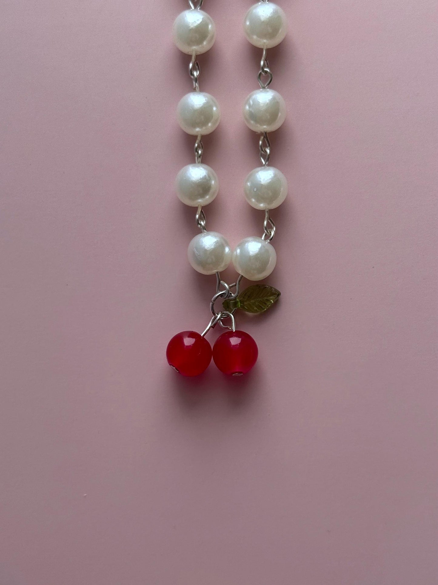 Cherry Earrings and Pearl Necklace Set: Handmade Fruit Jewelry