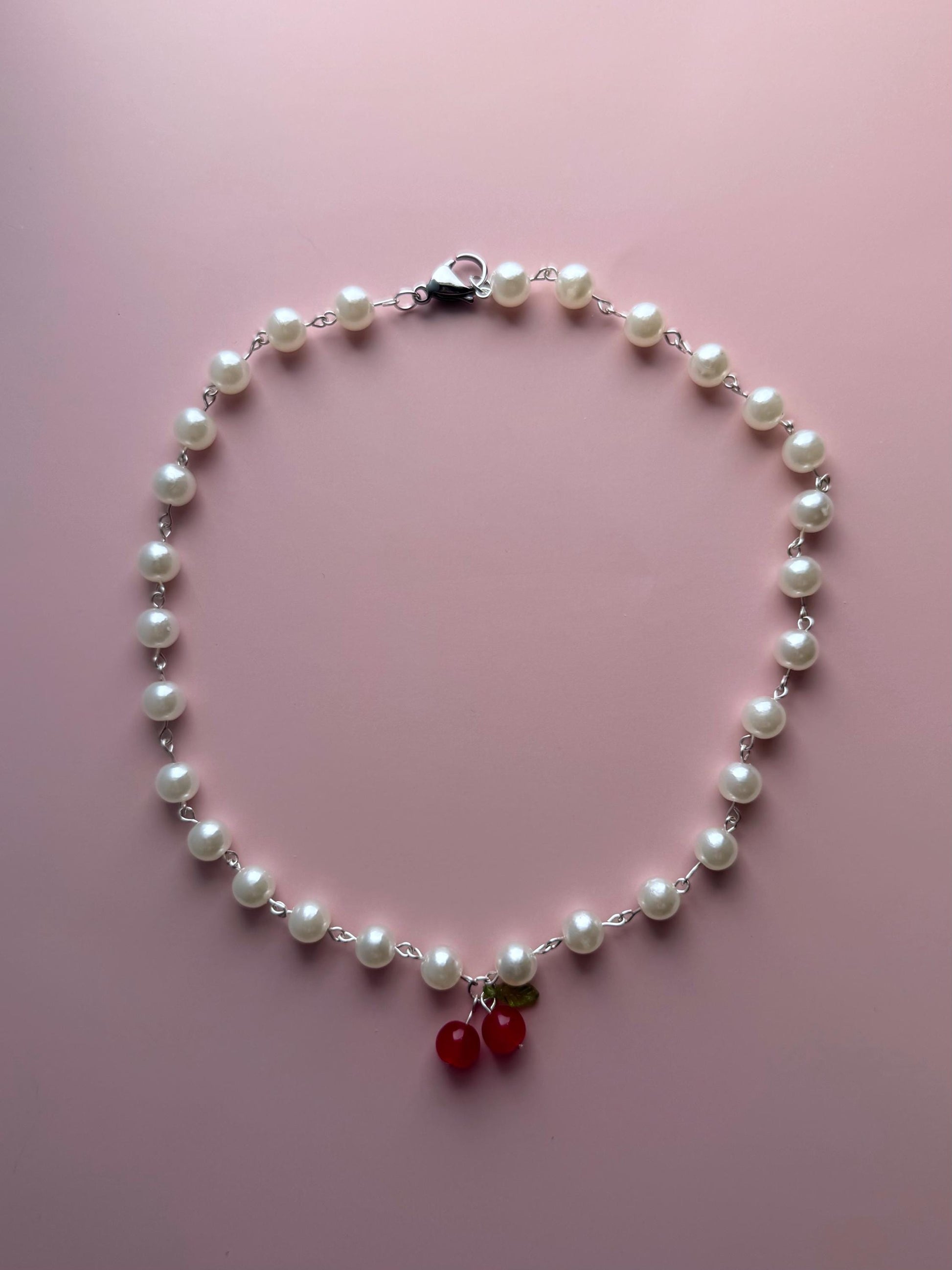 Cherry Earrings and Pearl Necklace Set: Handmade Fruit Jewelry
