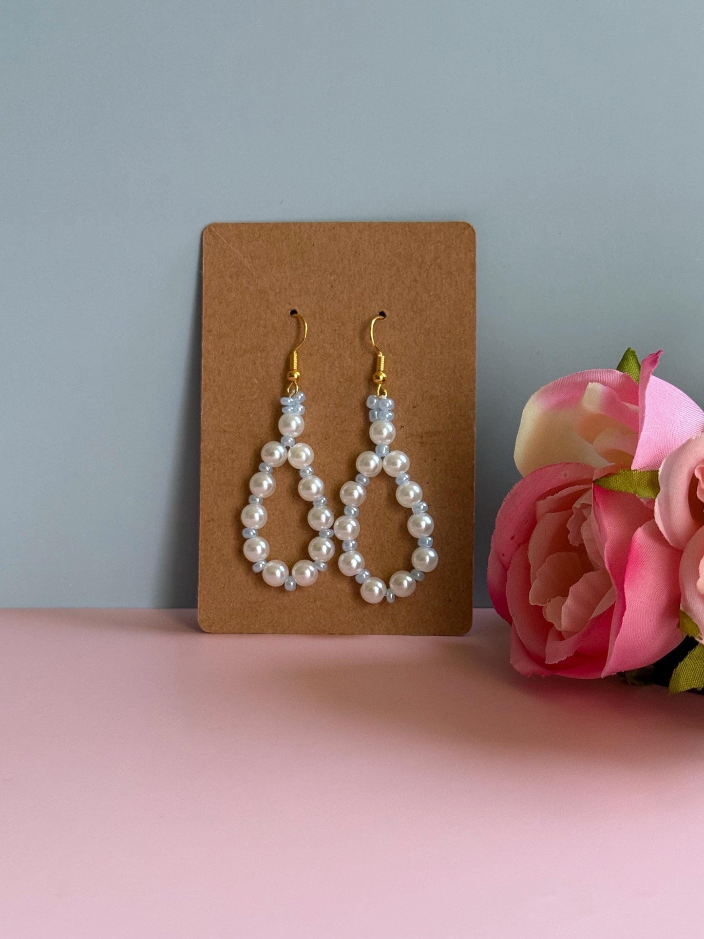 Handmade Pearl Loop Dangle Earrings with Blue Beads | Dainty Loop Dangles | Minimalist Earrings