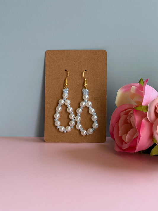 Handmade Pearl Loop Dangle Earrings with Blue Beads | Dainty Loop Dangles | Minimalist Earrings