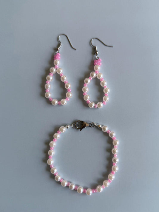 Pink and Pearl Jewelry Set | Handmade Beaded Loop Earrings & Matching Bracelet | Kawaii Gift for Her| Dainty Pastel Jewelry