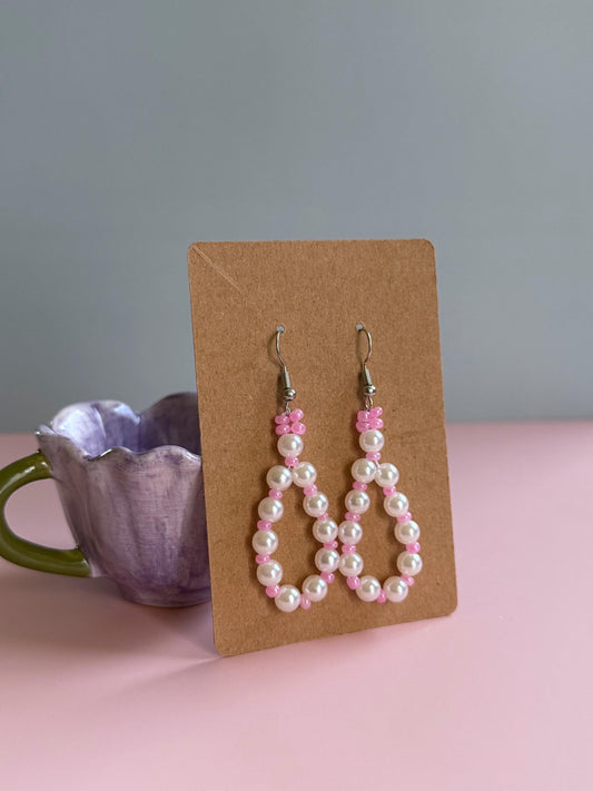 Handmade Pearl Loop Dangle Earrings with Pink Beads | Dainty Loop Dangles | Minimalist Earrings | Pink and White Earrings