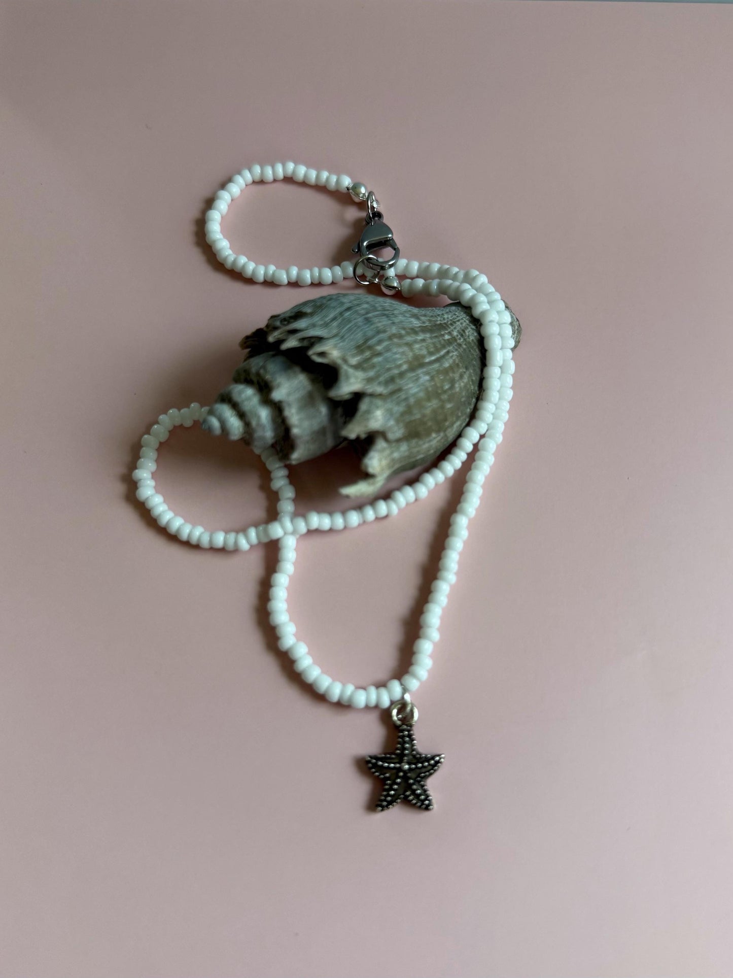 White Seed Bead Starfish Necklace | Dainty Beach Charm Choker | Coastal Boho Jewelry | Handmade Summer Necklace | Minimalist Ocean Gift
