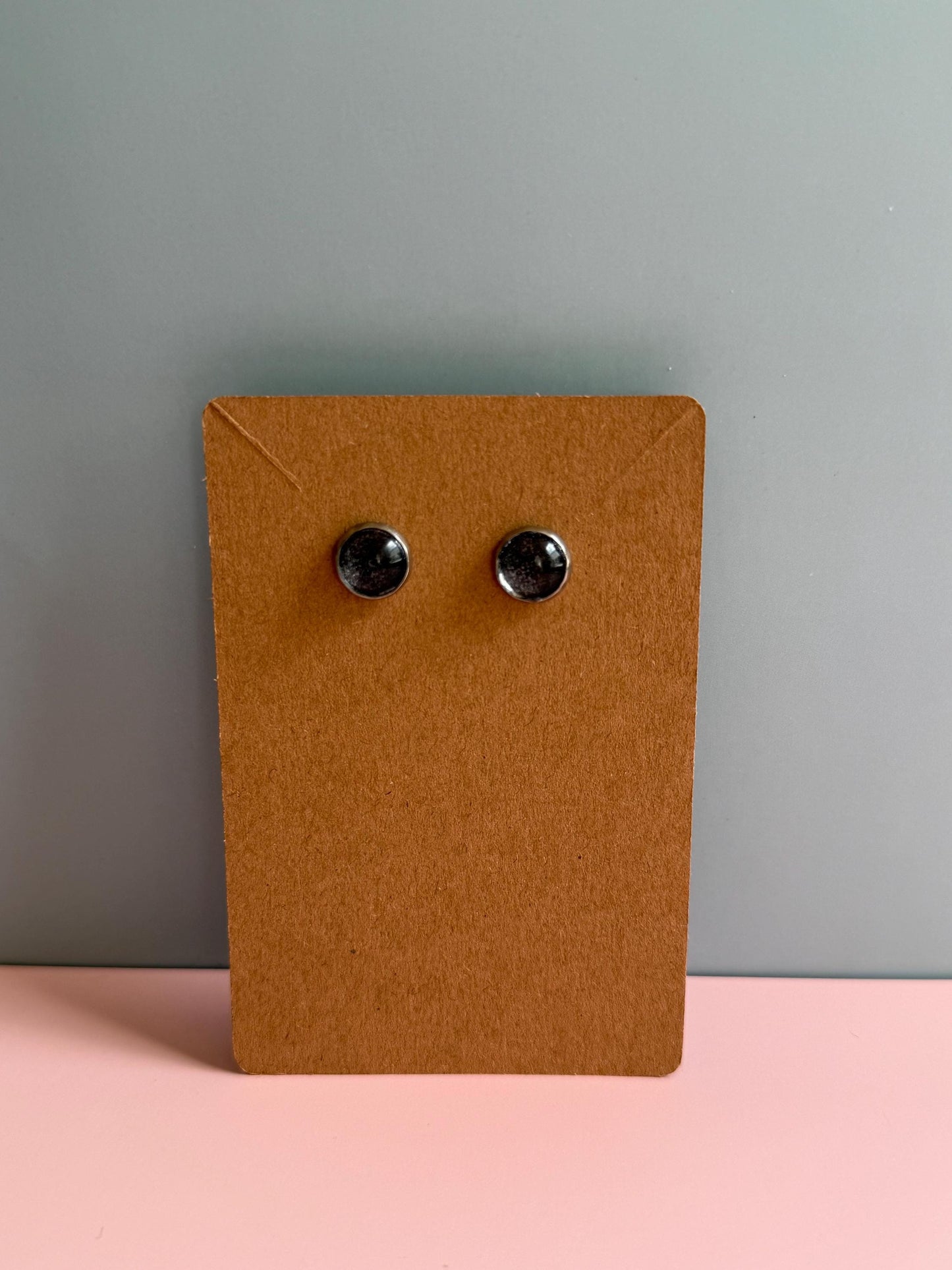 Black Cabochon Fabric Studs | Glass Cabochon Earrings | Halloween Earrings