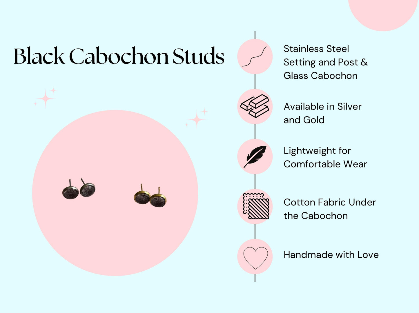 Black Cabochon Fabric Studs | Glass Cabochon Earrings | Halloween Earrings