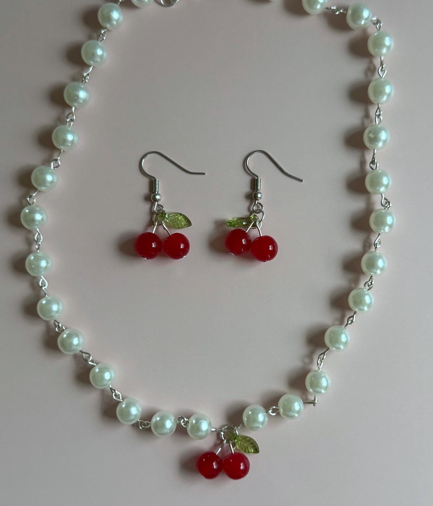 Cherry Earrings and Pearl Necklace Set: Handmade Fruit Jewelry