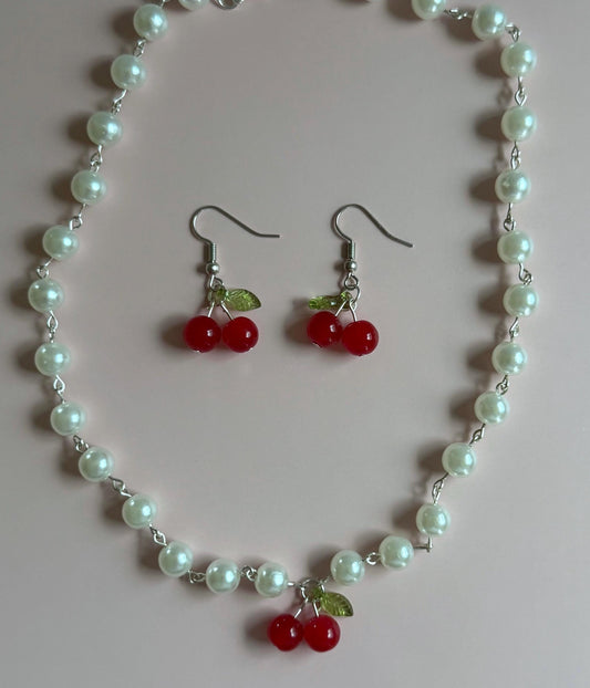 Cherry Earrings and Pearl Necklace Set: Handmade Fruit Jewelry
