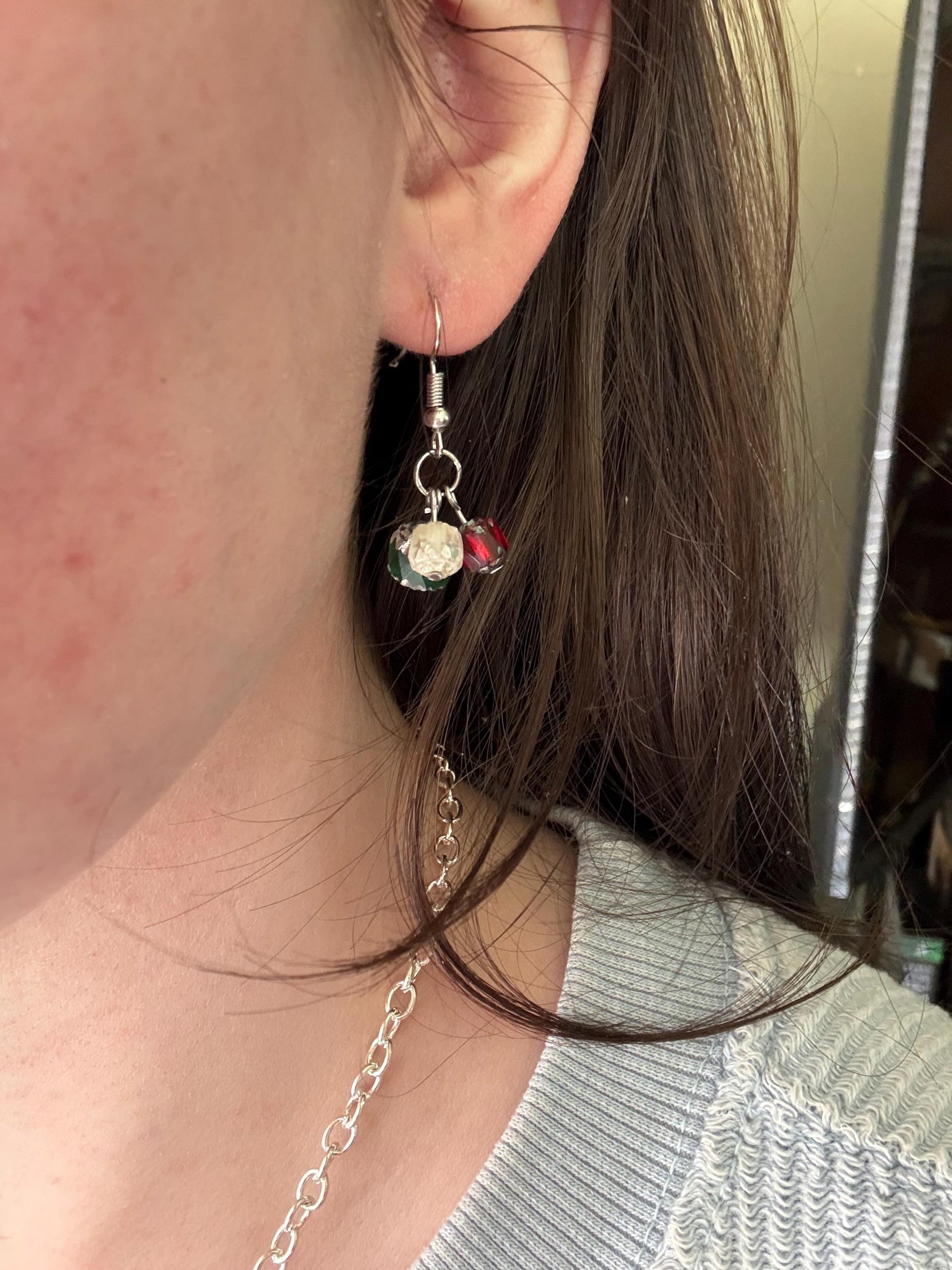 Czech Glass Christmas Dangle Earrings: Red, White & Green