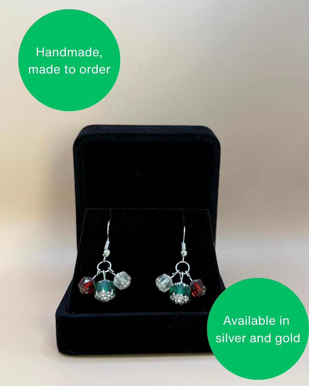 Czech Glass Christmas Dangle Earrings: Red, White & Green