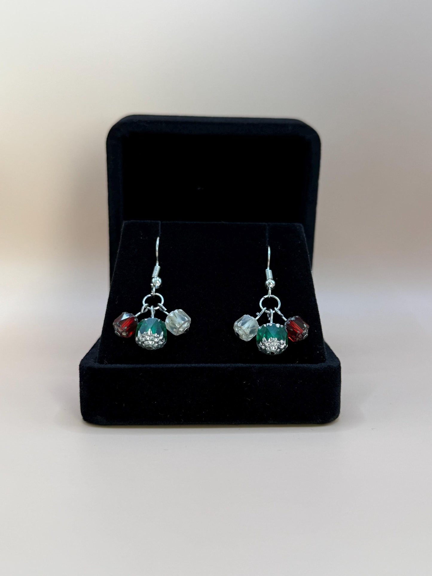 Czech Glass Christmas Dangle Earrings: Red, White & Green