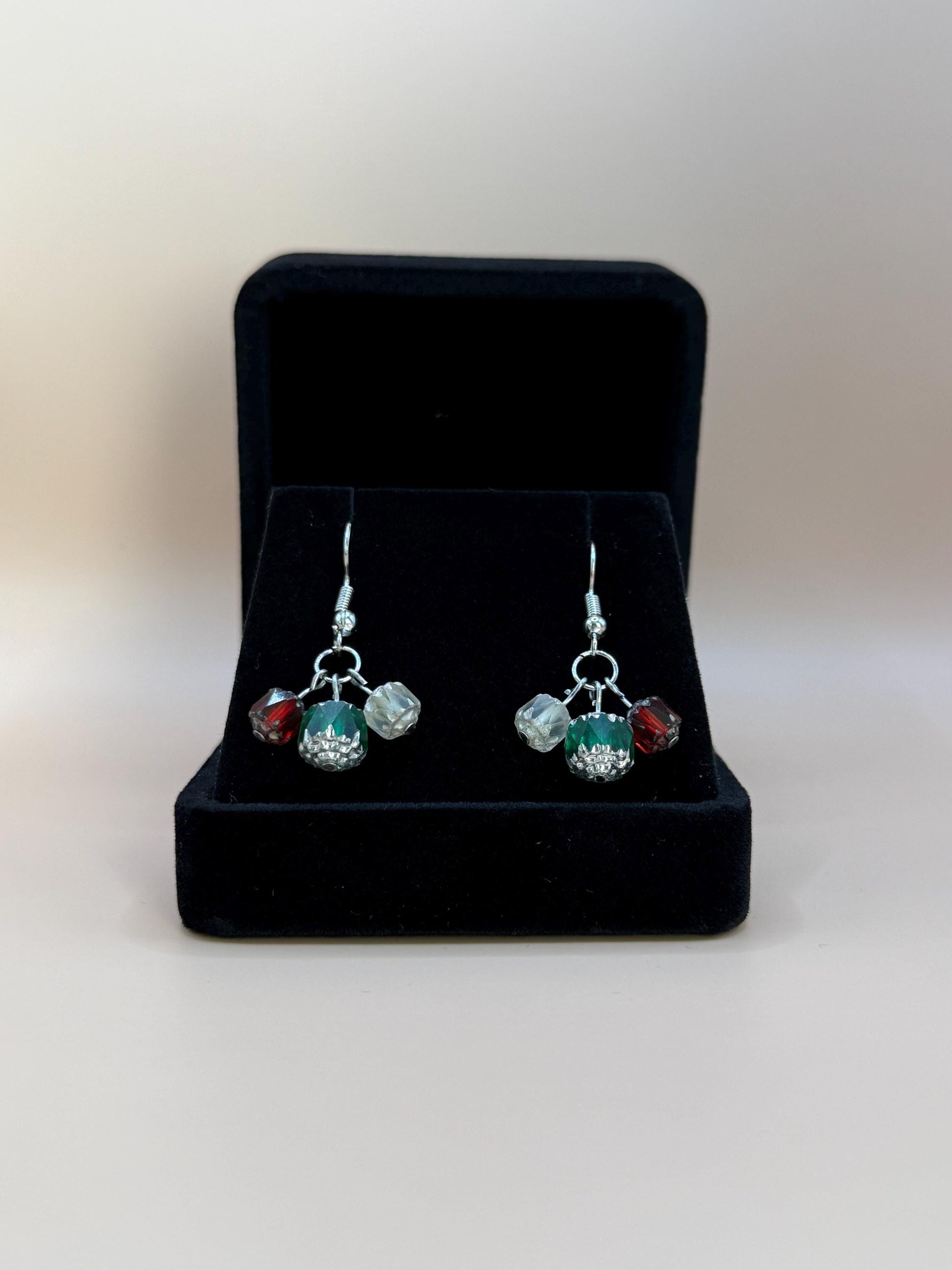 Czech Glass Christmas Dangle Earrings: Red, White & Green