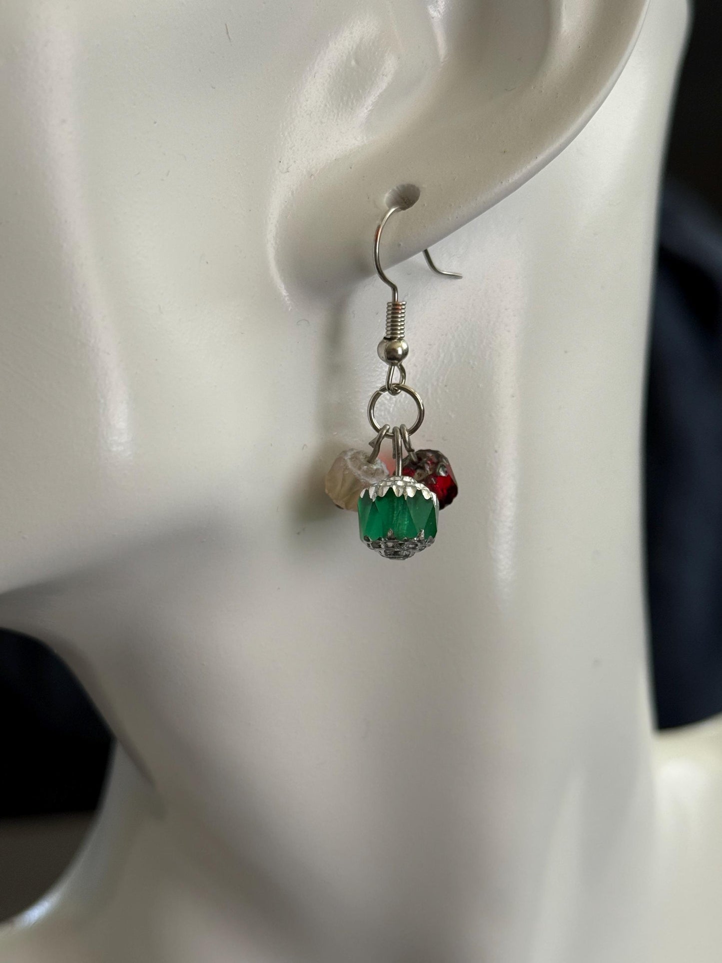 Czech Glass Christmas Dangle Earrings: Red, White & Green