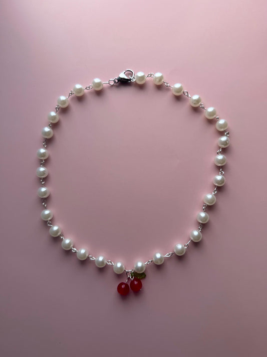 Handmade Pearl Necklace: Cherry Charm, Y2K Fruit Jewelry