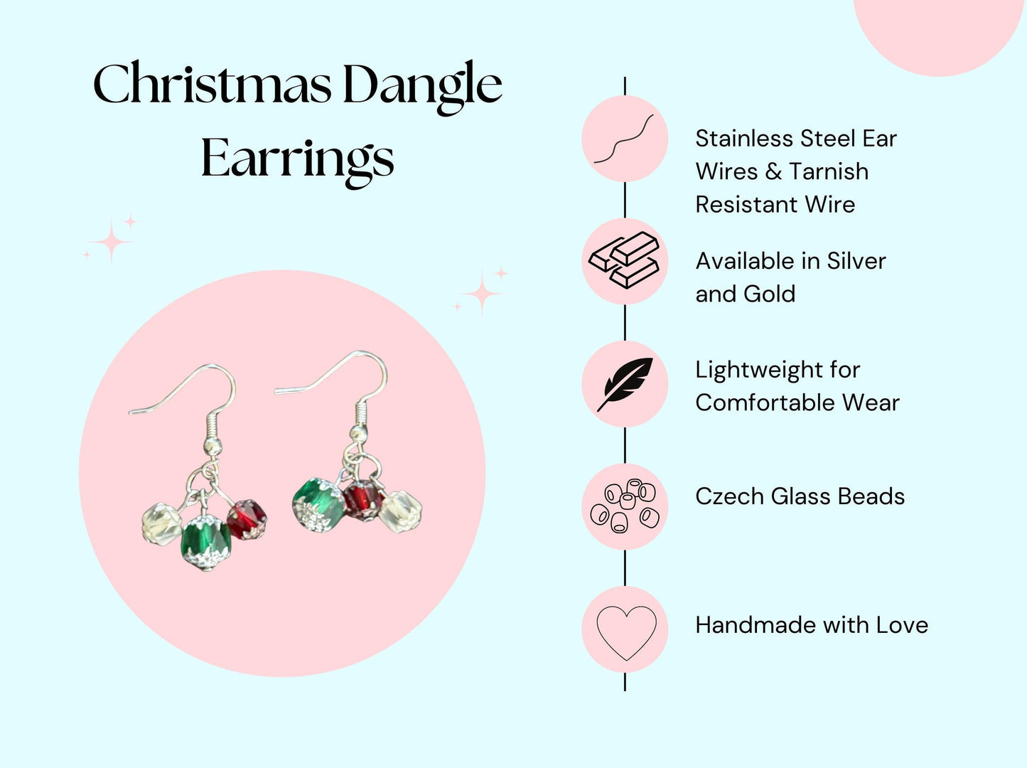 Czech Glass Christmas Dangle Earrings: Red, White & Green