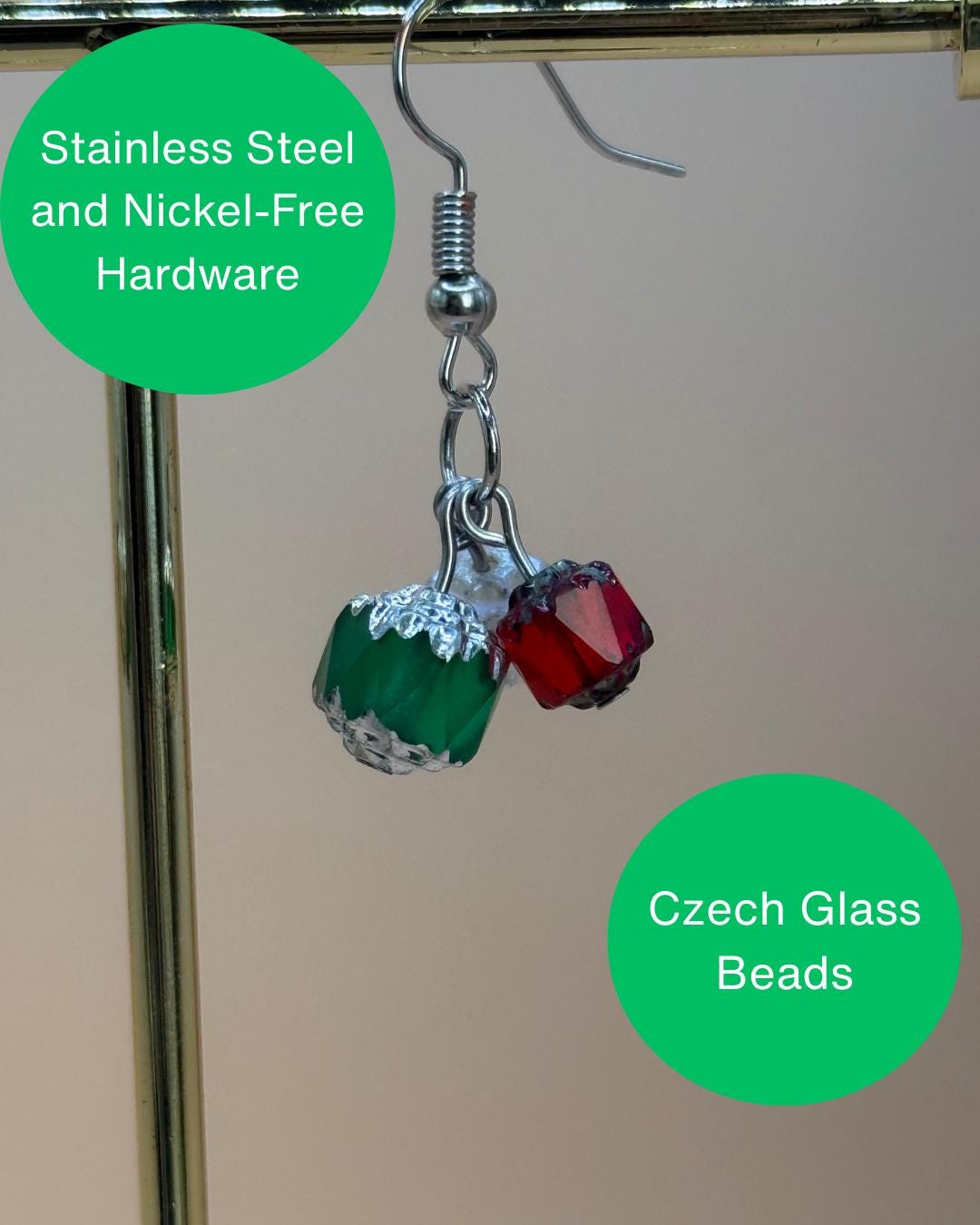 Czech Glass Christmas Dangle Earrings: Red, White & Green