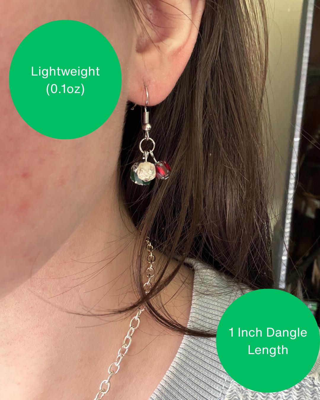 Czech Glass Christmas Dangle Earrings: Red, White & Green