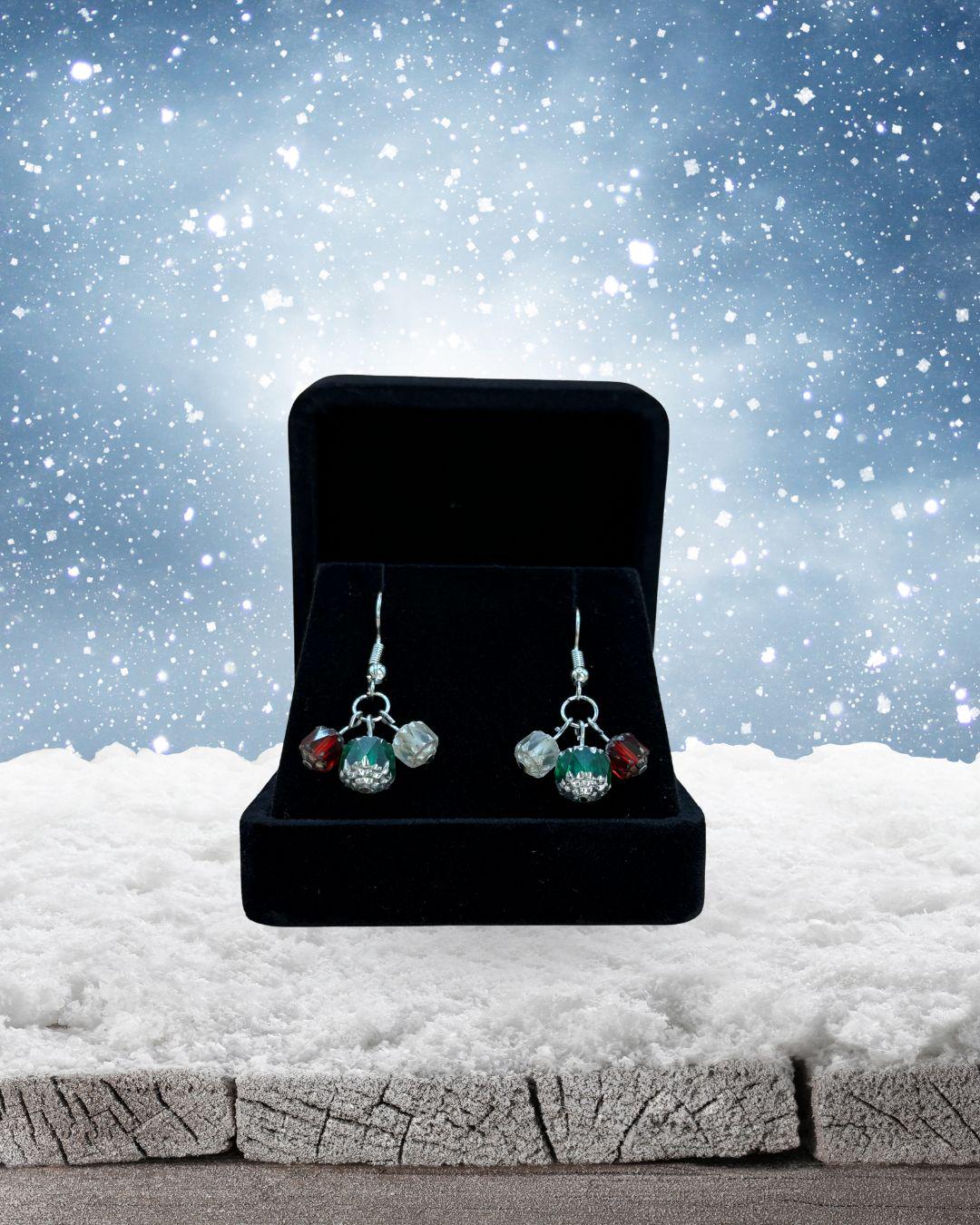 Czech Glass Christmas Dangle Earrings: Red, White & Green