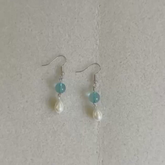 Pearl Drop Earrings: Blue Glass Bead Dangle, Stainless Steel