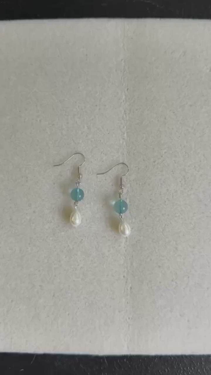 Pearl Drop Earrings: Blue Glass Bead Dangle, Stainless Steel