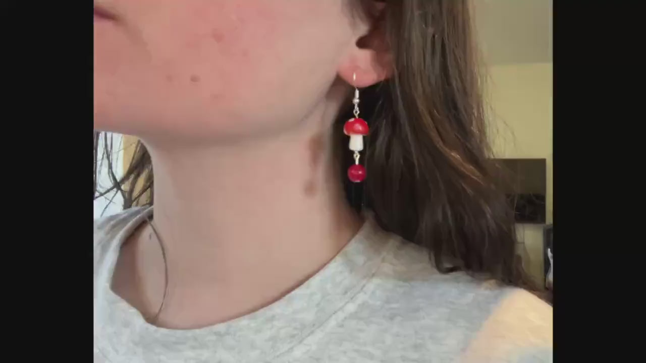 Lampwork Glass Mushroom Earrings: Cottagecore Dangle Jewelry