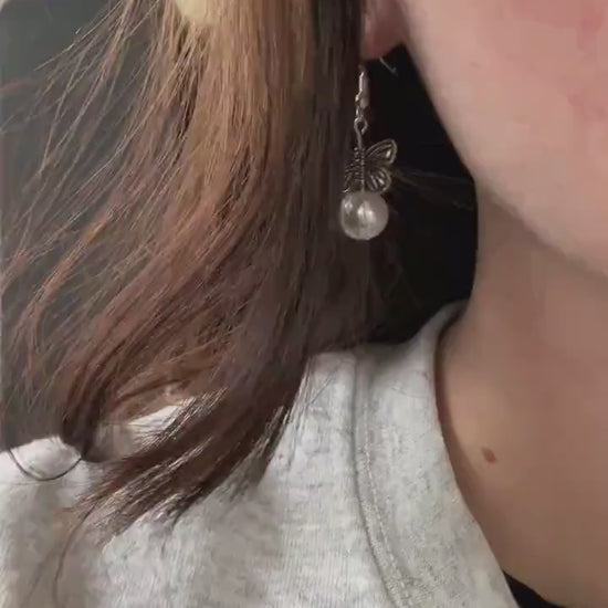 Silver Butterfly Dangle Earrings: Glass Pearls, Stainless Steel