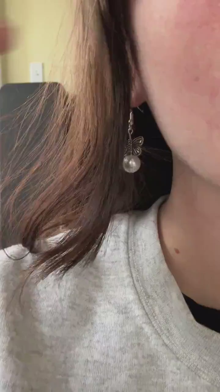 Silver Butterfly Dangle Earrings: Glass Pearls, Stainless Steel