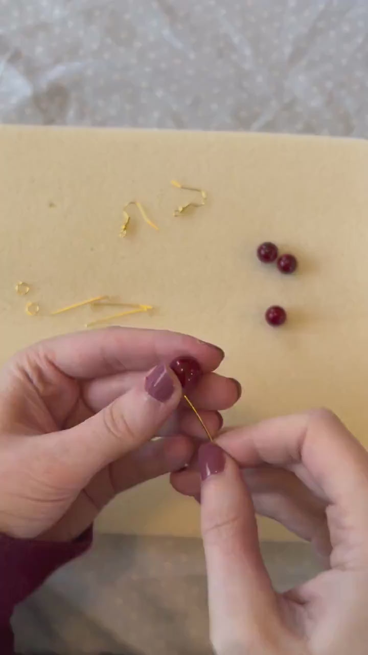 Cherry Earrings: Glass Bead, Stainless Steel, Fruit Jewelry
